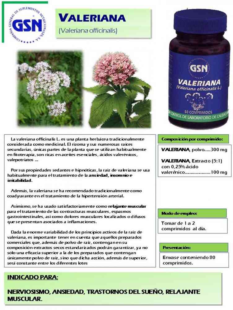  Valeriana de GSN un complemento alimenticio que relaja el sistema nervioso siendo útil en casos de ansiedad e insomnio.